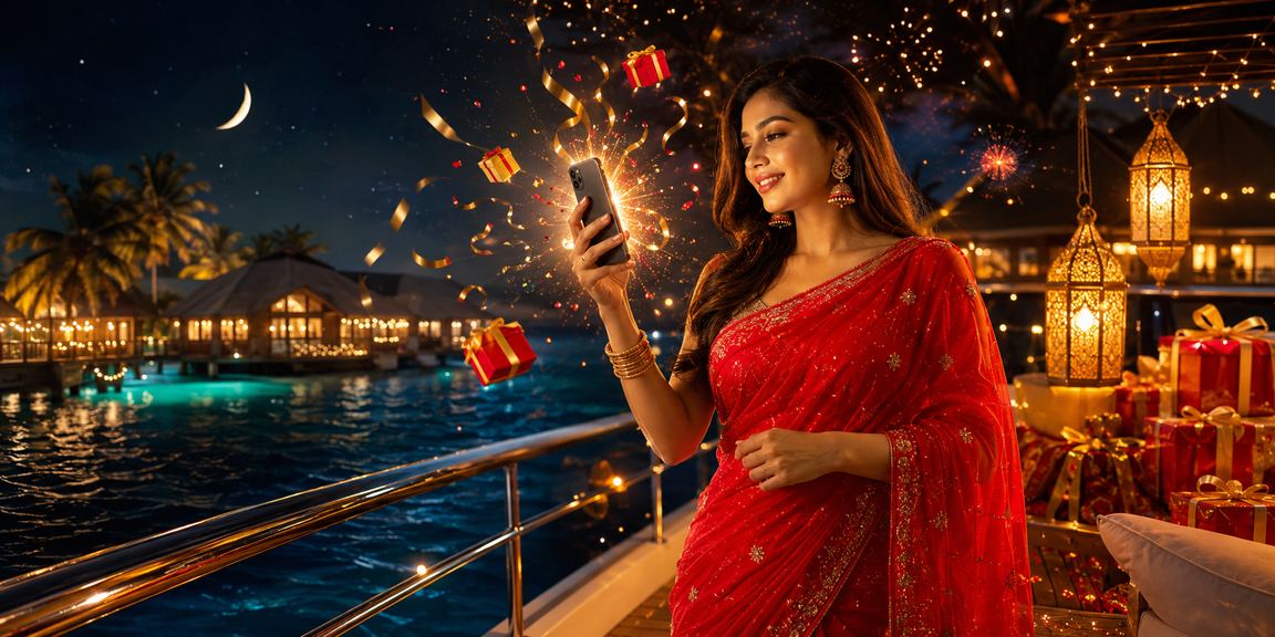 সেন্ট মার্টিন দ্বীপে শাড়ি পরিহিত নারী মোবাইলে ক্যাসিনো গেম উপভোগ করছেন